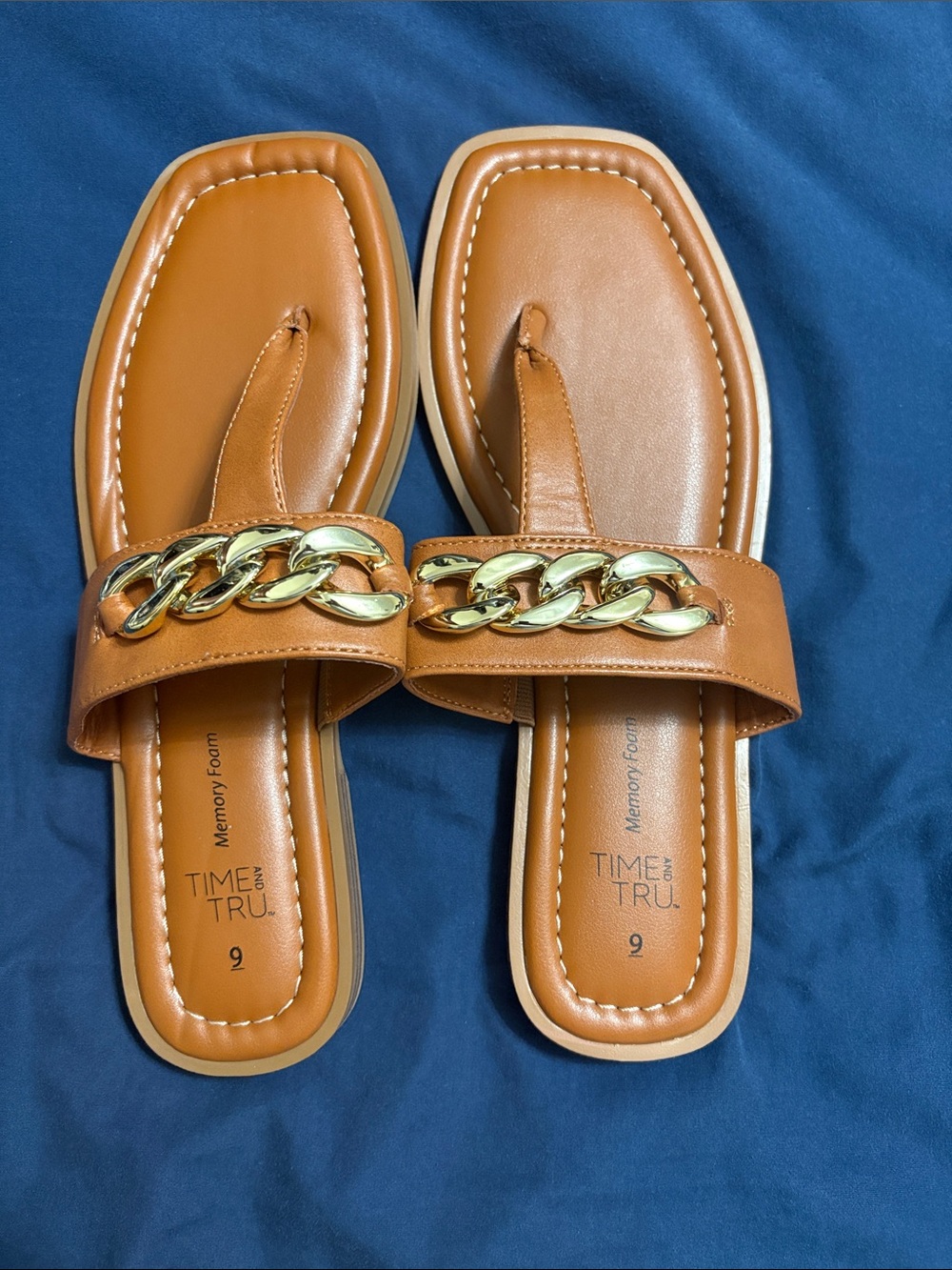 Time and Tru Tan Slide Sandals with Gold Chain Accent